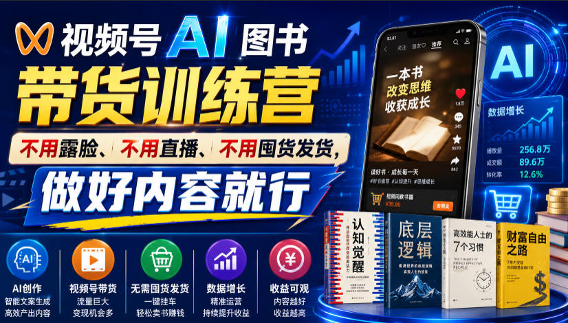视频号AI图书带货训练营,不用露脸、不用直播、不用囤货发货,做好内容就行,一条爆款视频佣金8942-智享云联