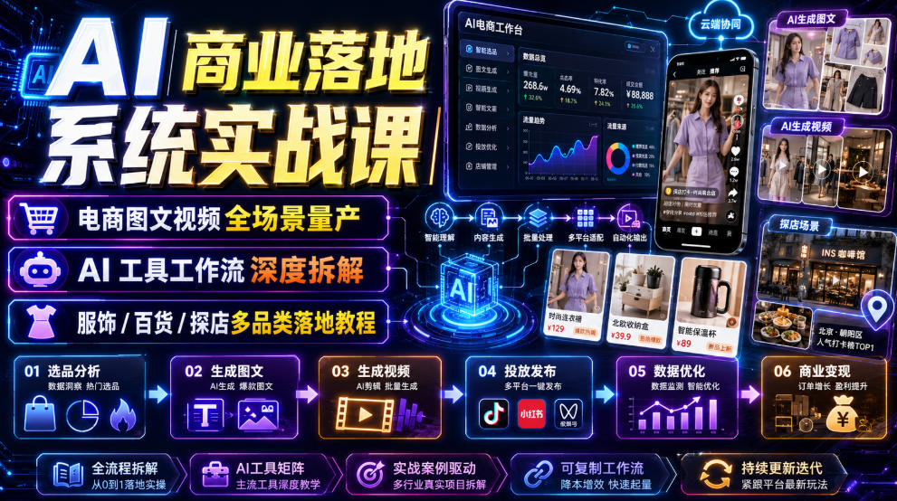 AI商业落地系统实战课｜电商图文视频全场景量产・AI工具工作流深度拆解・服饰/百货/探店多品类落地教程-智享云联