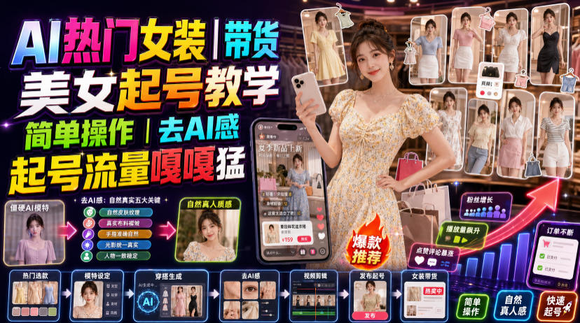 AI热门女装带货丨美女起号教学，简单操作，去AI感，起号流量嘎嘎猛-智享云联