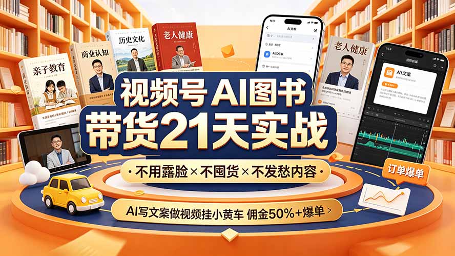 视频号AI图书带货21天实战:不用露脸×不囤货×不发愁内容,AI写文案做视频挂小黄车,佣金50%+爆单-智享云联