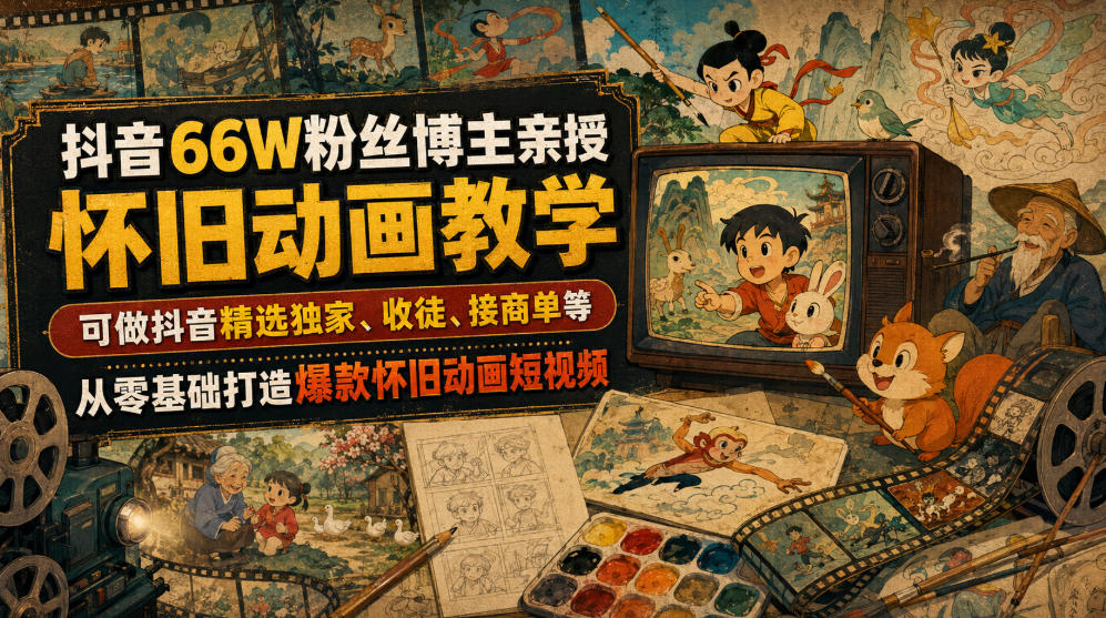 抖音66W粉丝博主亲授怀旧动画教学，可做抖音精选独家、收徒、接商单等，从零基础打造爆款怀旧动画短视频-智享云联