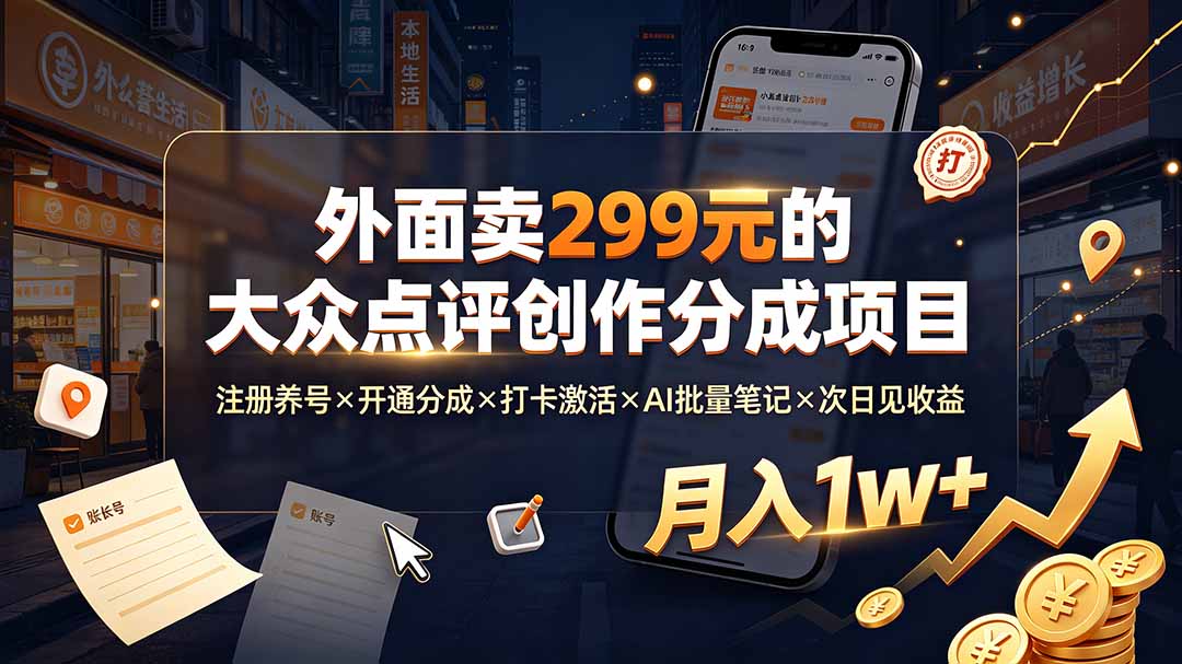 外面卖299元的大众点评创作分成项目：注册养号×开通分成×打卡激活×AI批量笔记×次日见收益，月入1w+-智享云联