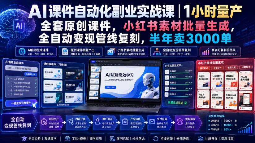 AI课件自动化副业实战课｜1小时量产全套原创课件，小红书素材批量生成，全自动变现管线复刻，半年卖3000单-智享云联