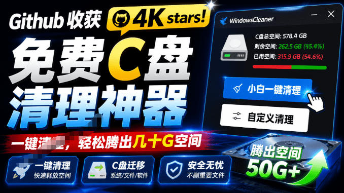 Github收获4K stars！免费C盘清理神器，轻松腾出几十G空间，支持C盘迁移Windows Cleaner-智享云联