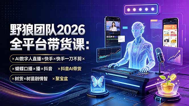 野狼团队2026全平台带货课-7月：AI数字人直播×快手一刀不剪×蝴蝶口播×抖音AI带货×树苗剧情智剪×聚宝盆-智享云联