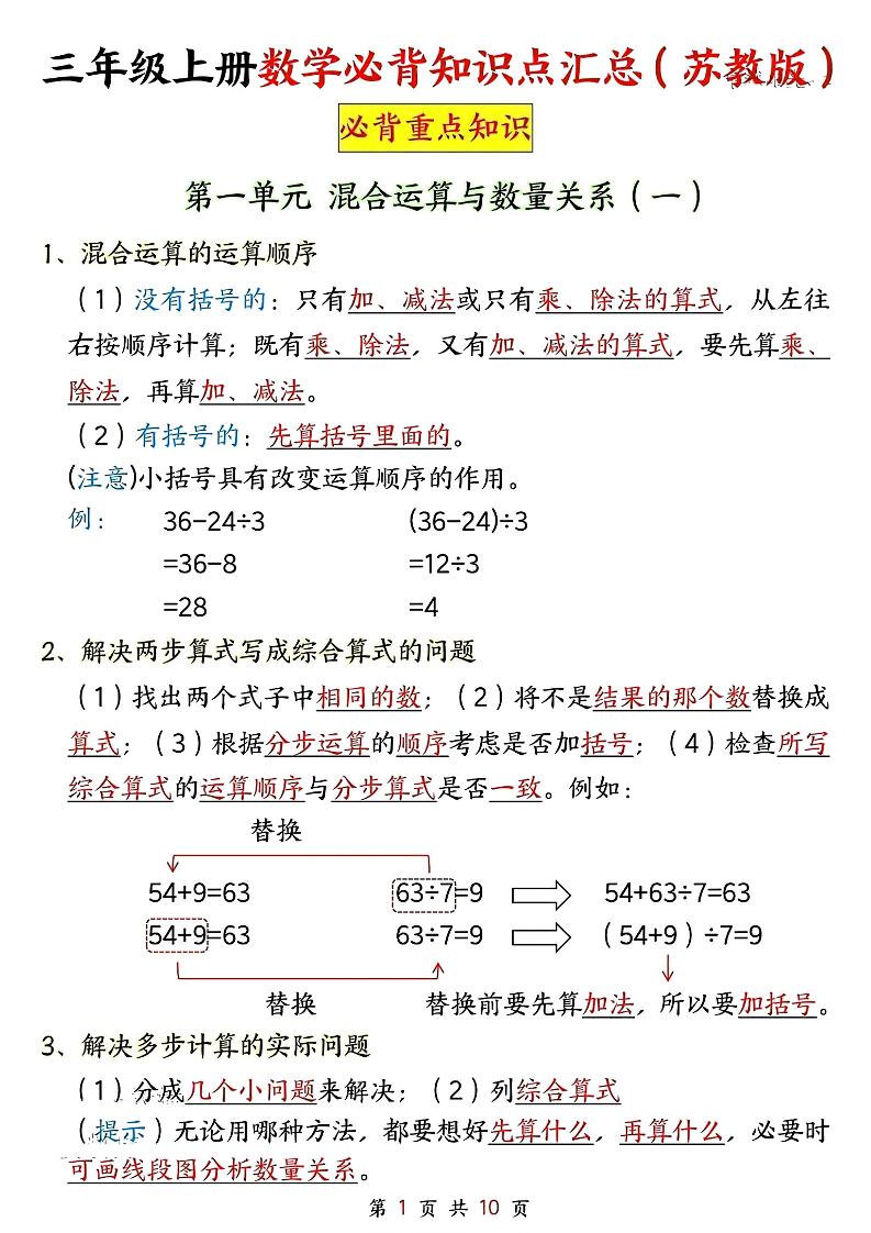 新三上苏教版数学必背重点知识-智享云联