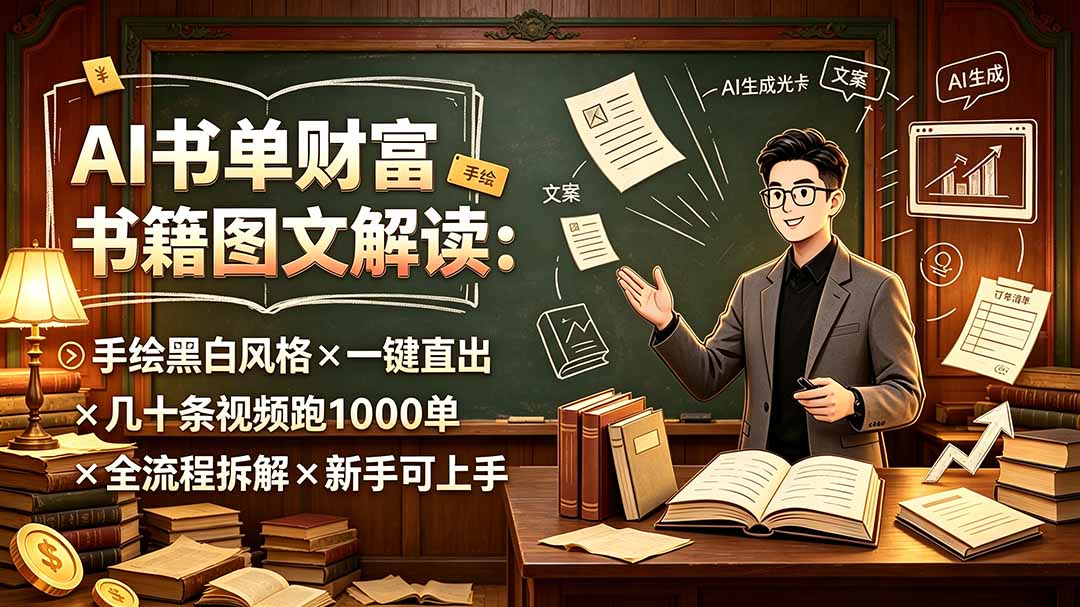 AI书单财富书籍图文解读:手绘黑白风格×一键直出×几十条视频跑1000单×全流程拆解×新手可上手-智享云联