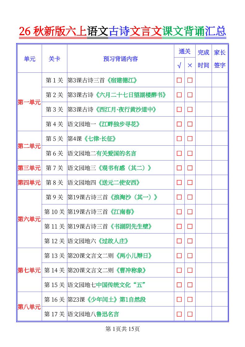 26秋新六上语文古文文言文课文背诵内容汇总-背诵版-智享云联