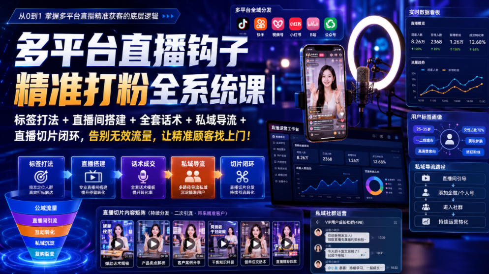 多平台直播钩子精准打粉全系统课｜标签打法+直播间搭建+全套话术+私域导流+直播切片闭环，告别无效流量，让精准顾客找上门！-智享云联
