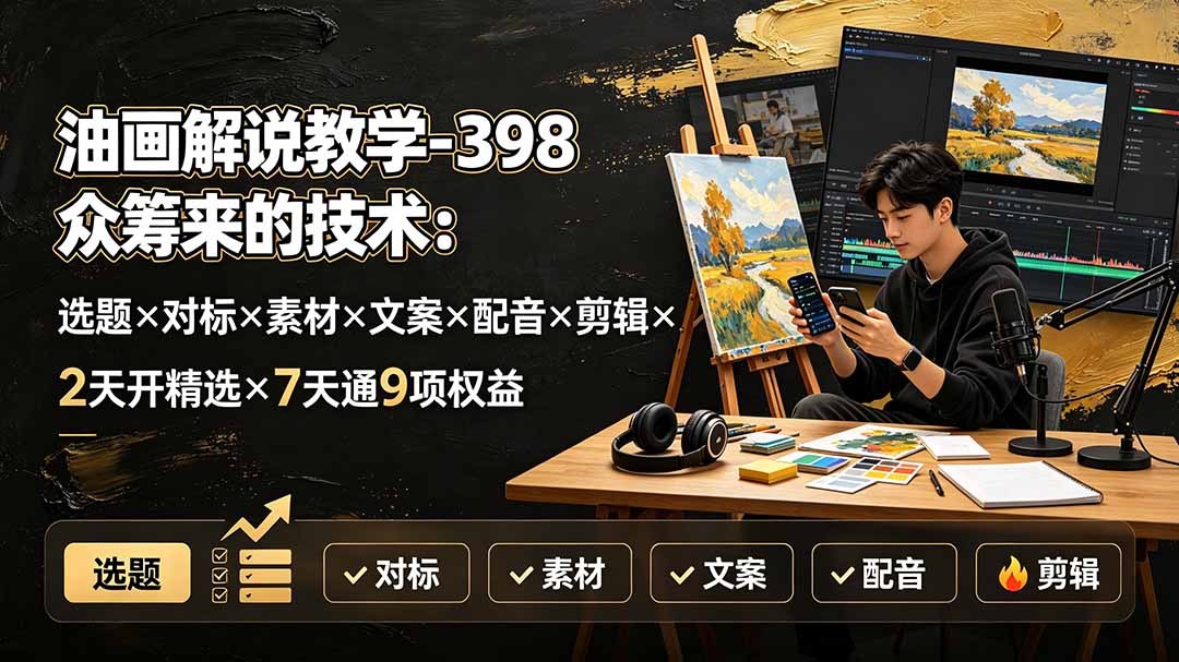 油画解说教学-398众筹来的技术：选题×对标×素材×文案×配音×剪辑×2天开精选×7天通9项权益-智享云联
