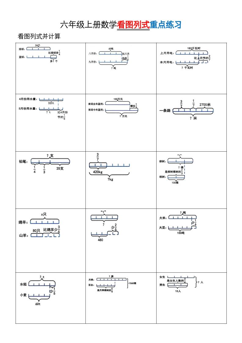 六上数学看图列式单位“1”专项练习-智享云联