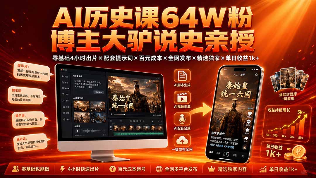 AI历史课64W粉博主大驴说史亲授：零基础4小时出片×配套提示词×百元成本×全网发布×精选独家×单日收益1k+-智享云联