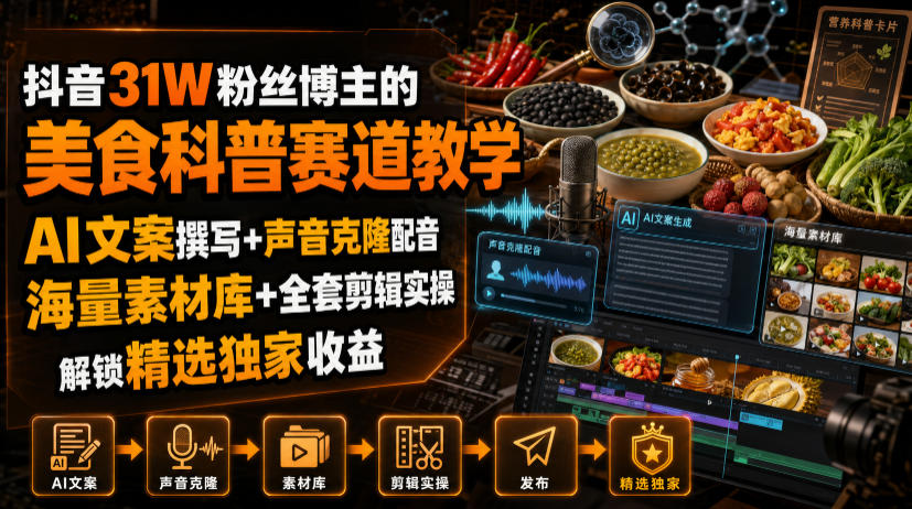 抖音31W粉丝博主的美食科普赛道教学,AI文案撰写+声音克隆配音+剪辑实操,解锁精选独家收益-智享云联