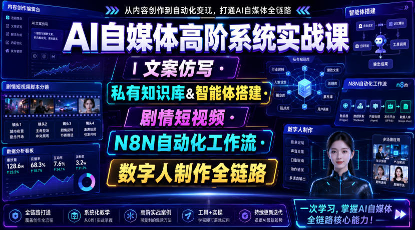 AI自媒体高阶系统实战课｜文案仿写・私有知识库&智能体搭建・剧情短视频・N8N自动化工作流・数字人制作全链路-智享云联