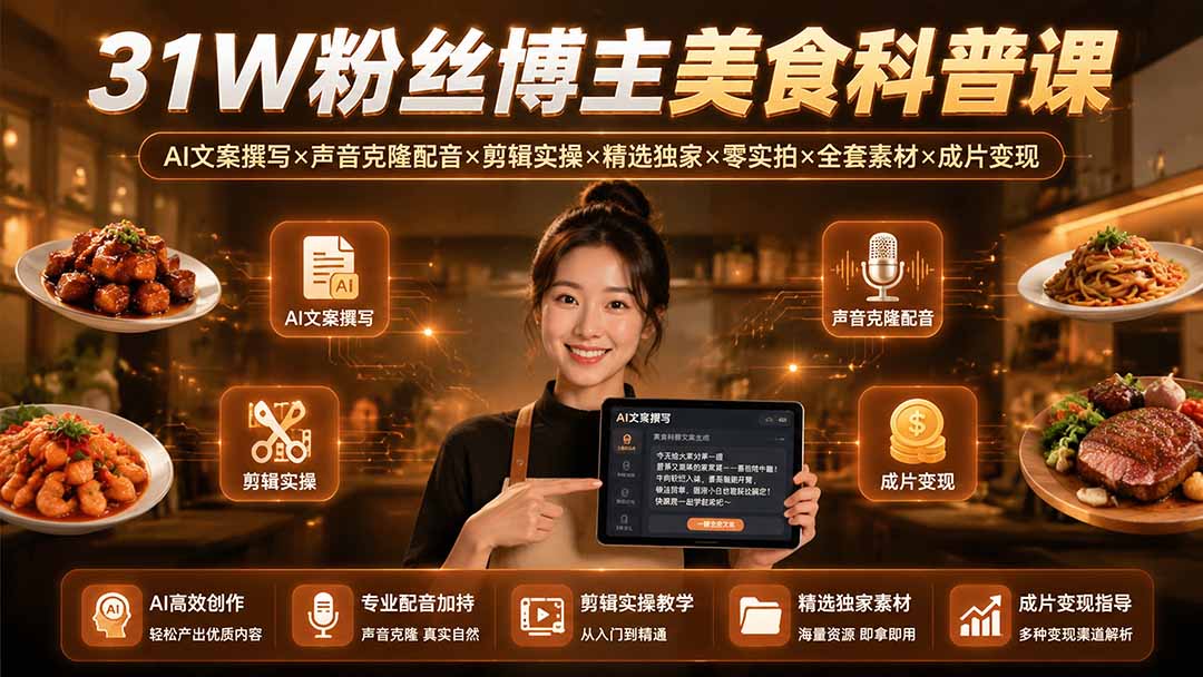 31W粉丝博主美食科普课：AI文案撰写×声音克隆配音×剪辑实操×精选独家×零实拍×全套素材×成片变现-智享云联
