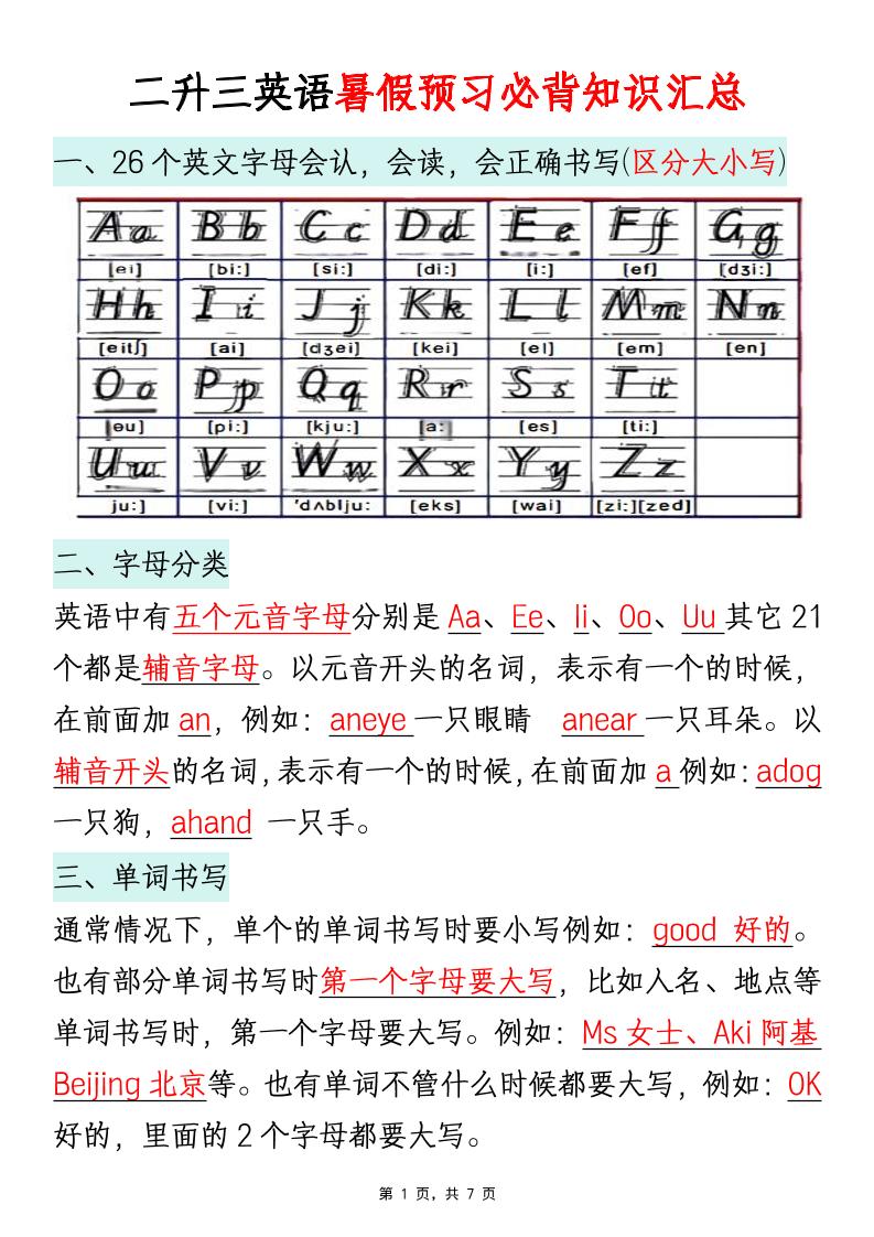 二升三英语暑假预习必背知识汇总通用版-三上英语-智享云联
