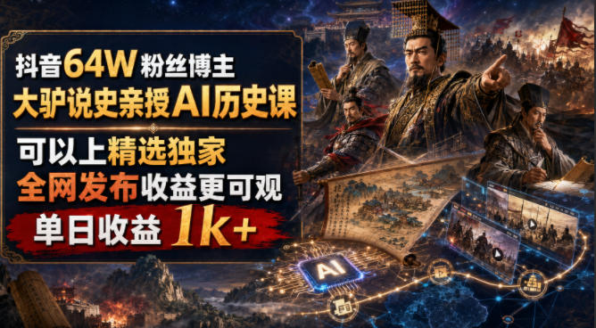 抖音64W粉丝博主大驴说史亲授AI历史课，可以上精选独家，全网发布收益更可观，单日收益1k+-智享云联