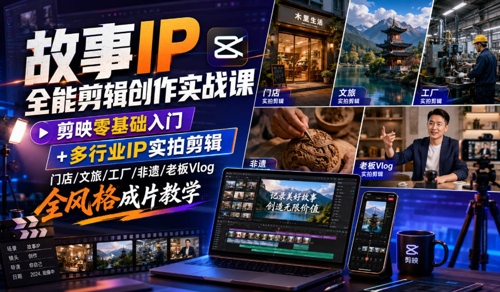 故事IP全能剪辑创作实战课｜剪映零基础入门+多行业IP实拍剪辑，门店/文旅/工厂/非遗/老板Vlog全风格成片教学-智享云联