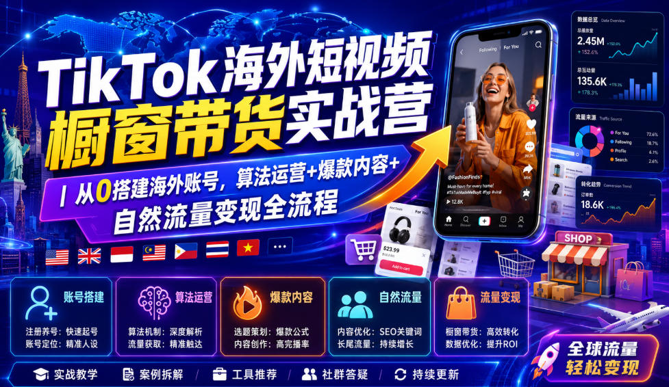 TikTok海外短视频橱窗带货实战营｜从0搭建海外账号，算法运营+爆款内容+自然流量变现全流程-智享云联