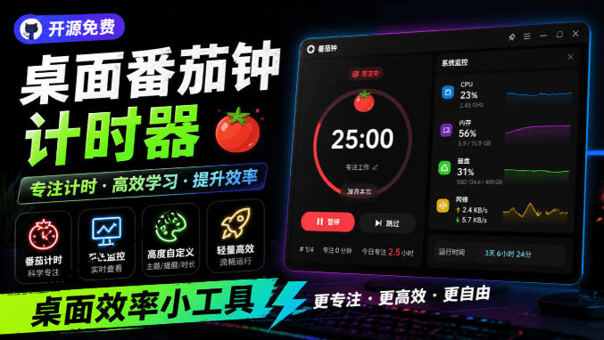 仅1.16MB，开源极简的桌面时钟、番茄钟计时器，还支持系统监控显示，桌面效率小工具Catime-智享云联