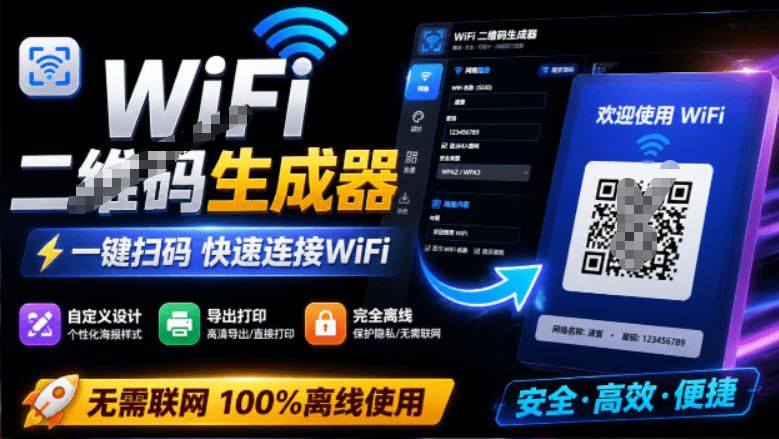 完全离线使用！WiFi二维码生成器，一键扫码快速连接WiFi，支持自定义风格导出WiFi二维码生成器-智享云联