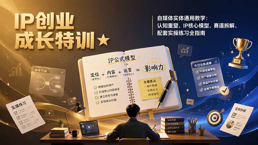IP创业成长特训★自媒体实体通用教学：认知重塑、IP核心模型、赛道拆解、配套实操练习全指南-智享云联