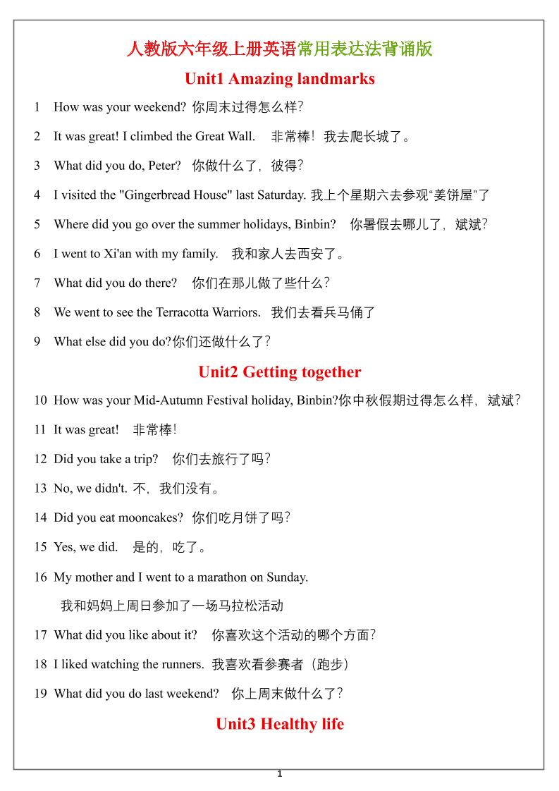 六年级上册英语常用表达法（背诵表）-智享云联