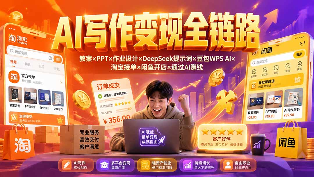 2026AI写作变现全链路:教案×PPT×作业设计×DeepSeek提示词×豆包WPS AI×淘宝接单×闲鱼开店×通过AI賺钱-智享云联