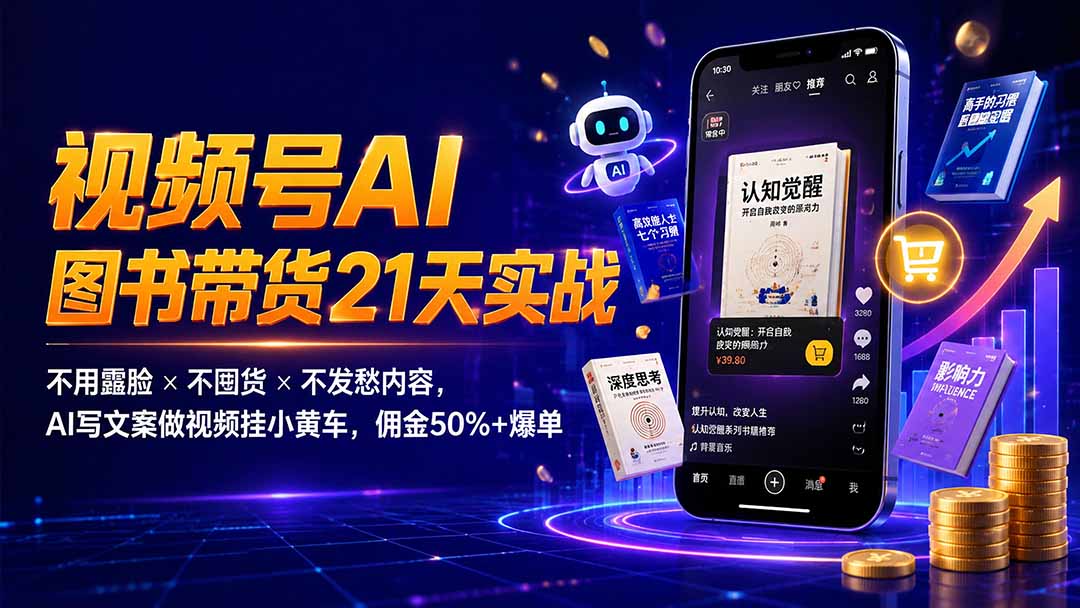 繁花视频号AI图书带货21天实战：不用露脸×不囤货×不发愁内容，AI写文案做视频挂小黄车，佣金50%+爆单-智享云联