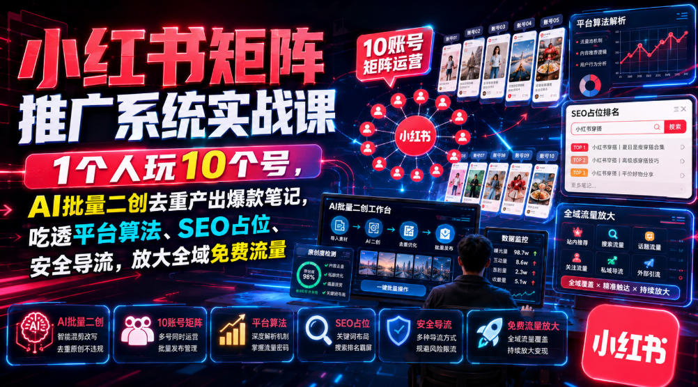 小红书矩阵推广系统实战课｜1个人玩10个号，AI批量二创去重产出爆款笔记，吃透平台算法、SEO占位、安全导流，放大全域免费流量-智享云联