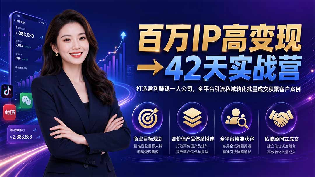 百万IP高变现→42天实战营｜打造盈利赚钱一人公司，全平台引流私域转化批量成交积累客户案例-智享云联