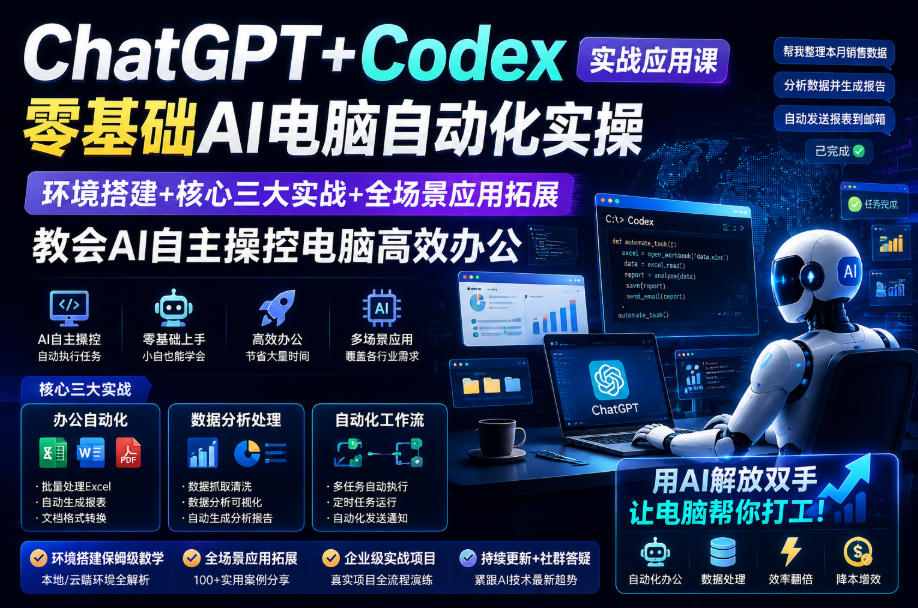 ChatGPT+Codex实战应用课｜零基础AI电脑自动化实操，环境搭建+核心三大实战+全场景应用拓展，教会AI自主操控电脑高效办公-智享云联