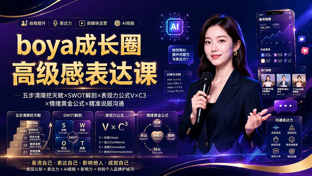 boya成长圈｜内心成长高级表达AI自媒体三合一，消解内耗挖掘天赋，镜头沟通AI指令短视频全流程教学-智享云联