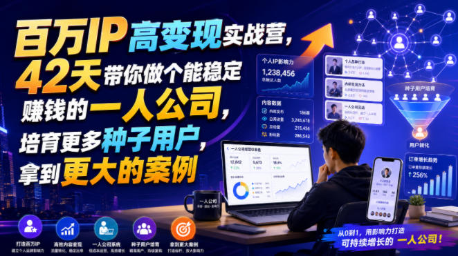 百万IP高变现实战营，42天带你做个能稳定賺钱的一人公司，培育更多种子用户，拿到更大的案例-智享云联