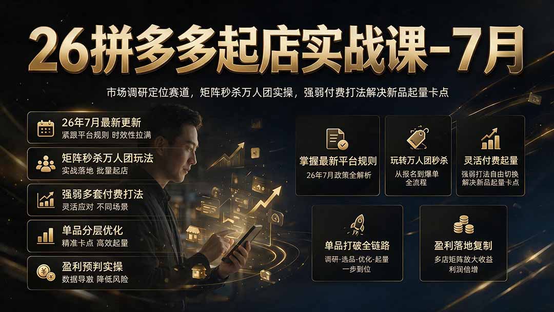 26拼多多起店实战课-7月｜市场调研定位赛道，矩阵秒杀万人团实操，强弱付费打法解决新品起量卡点-智享云联