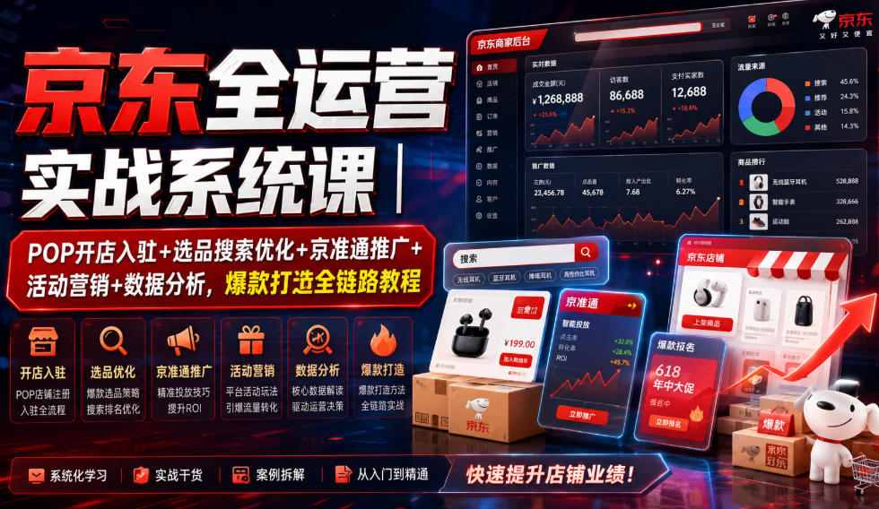 京东全运营实战系统课｜POP开店入驻+选品搜索优化+京准通推广+活动营销+数据分析，爆款打造全链路教程-智享云联