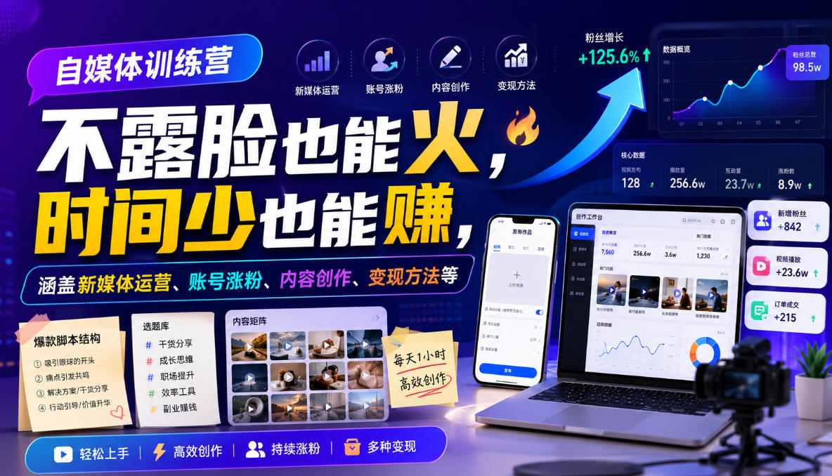 自媒体训练营，不露脸也能火，时间少也能賺，涵盖新媒体运营、账号涨粉、内容创作、变现方法等-智享云联