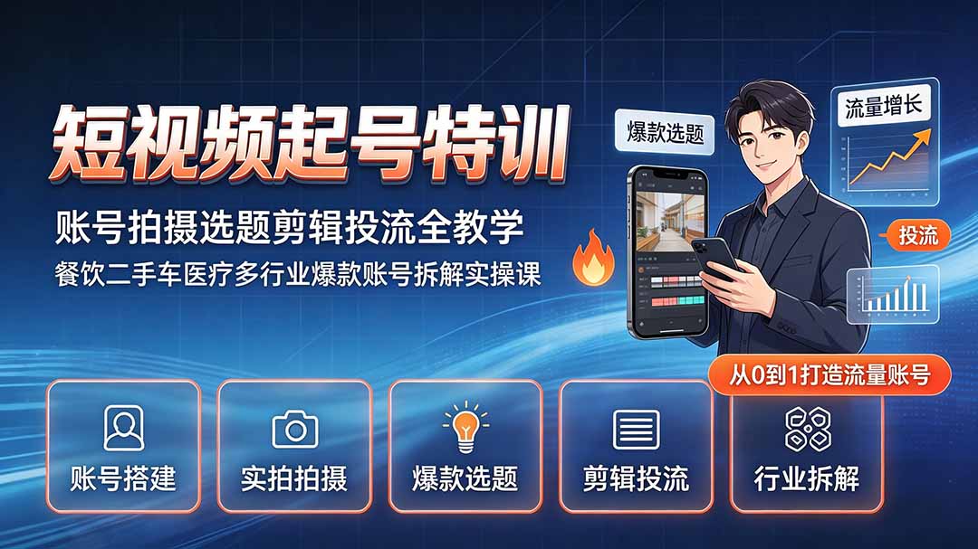 短视频起号特训|账号拍摄选题剪辑投流全教学,餐饮二手车医疗多行业爆款账号拆解实操课-智享云联