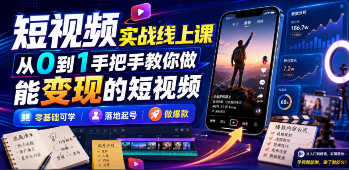 短视频实战线上课，从0到1手把手教你做能变现的短视频，零基础可学，落地起号做爆款-智享云联