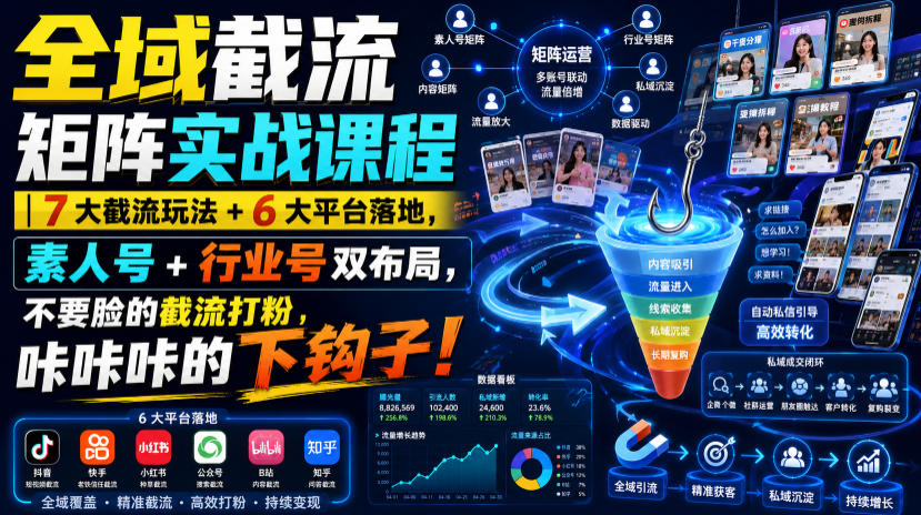 全域截流矩阵实战课程|7大截流玩法+6大平台落地,素人号+行业号双布局,不要脸的截流打粉,咔咔咔的下钩子!-智享云联
