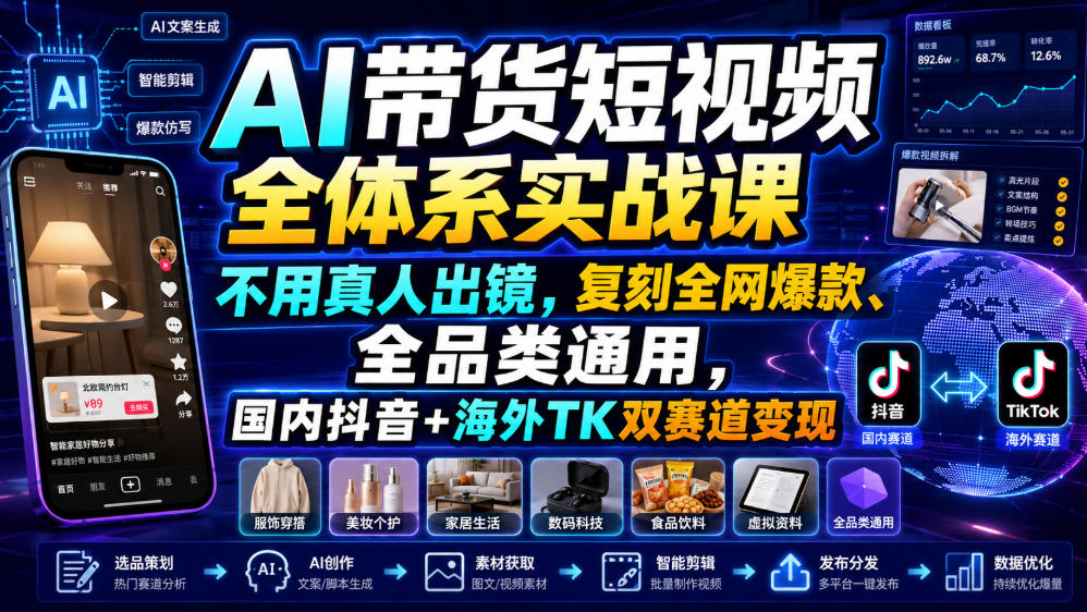 AI带货短视频全体系实战课，不用真人出镜，复刻全网爆款、全品类通用，国内抖音+海外TK双赛道变现-智享云联