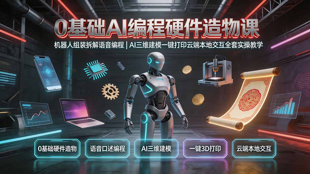 0基础AI编程硬件造物课｜机器人组装拆解语音编程，AI三维建模一键打印云端本地交互全套实操教学-智享云联