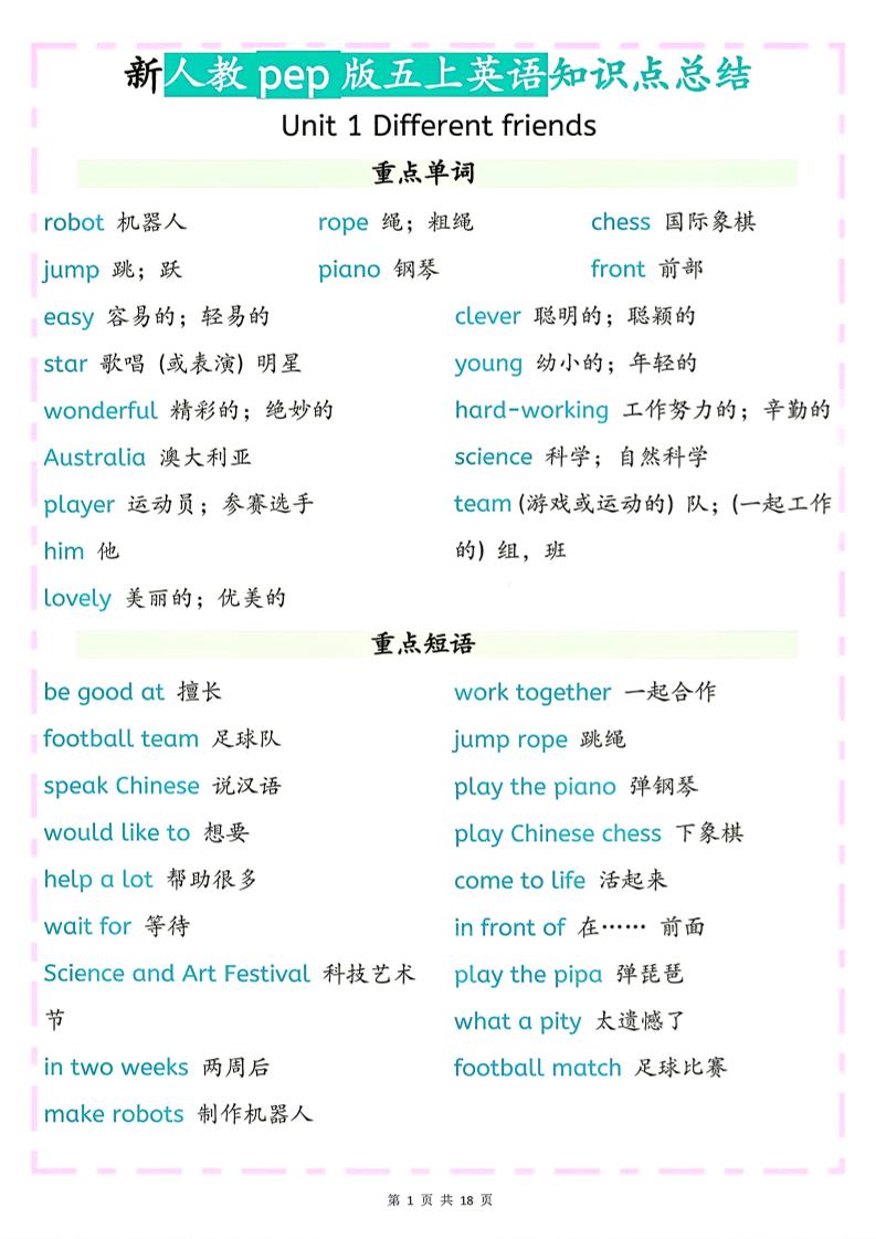 26秋新人教pep版五上英语知识点总结-智享云联