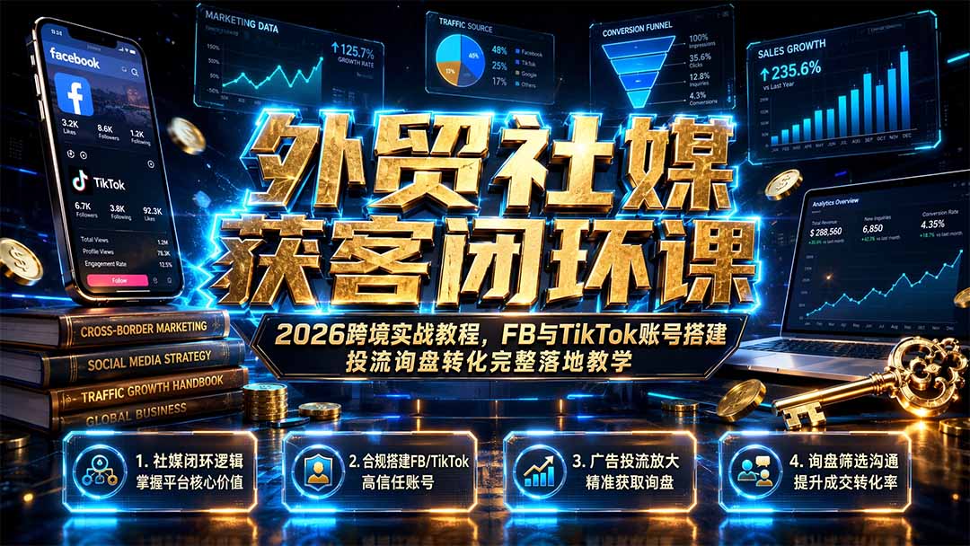 外贸社媒获客闭环课｜2026跨境实战教程，FB与TikTok账号搭建投流询盘转化完整落地教学-智享云联