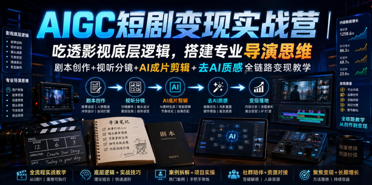 AIGC短剧变现实战营｜吃透影视底层逻辑，搭建专业导演思维，剧本创作+视听分镜+AI成片剪辑+去AI质感全链路变现教学-智享云联