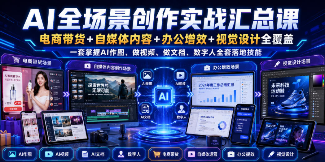 AI全场景创作实战汇总课｜电商带货+自媒体内容+办公增效+视觉设计全覆盖，一套掌握AI作图、做视频、做文档、数字人全套落地技能-智享云联