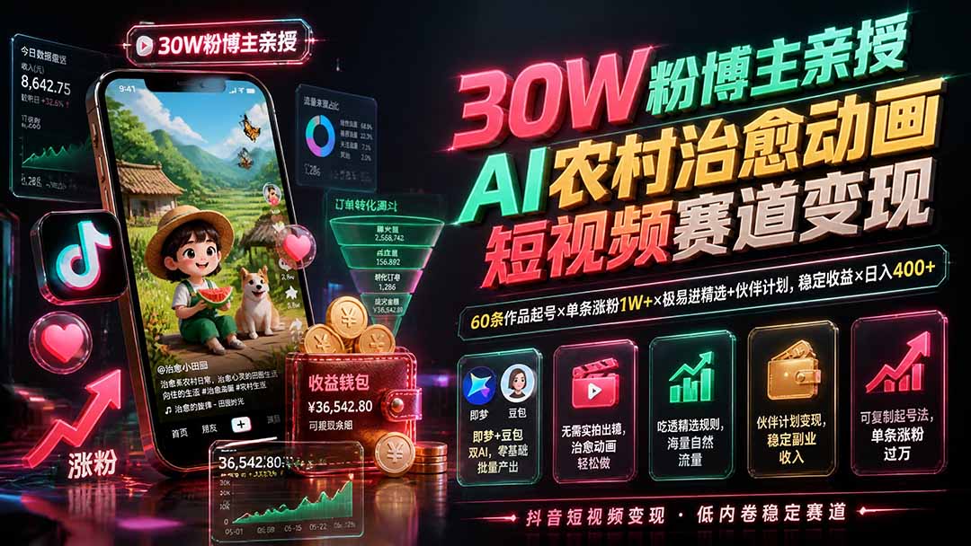 30W粉博主亲授AI农村治愈动画短视频赛道变现：60条作品起号×单条涨粉1W+×极易进精选+伙伴计划，稳定收益×日入400+-智享云联