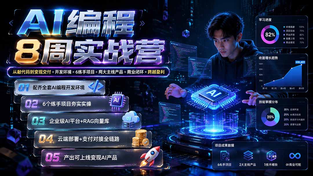AI编程8周实战营：从敲代码到变现交付×开发环境×6练手项目×两大主线产品×商业闭环×跨越盈利-智享云联