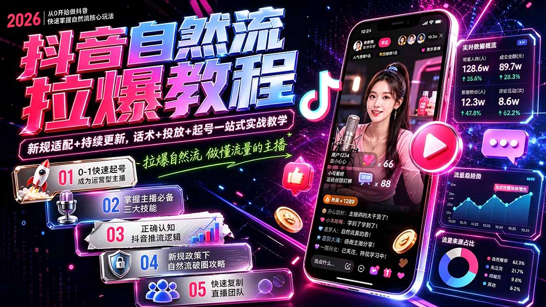抖音自然流拉爆教程-更新7月：做懂流量的主播，新规适配+持续更新，话术+投放+起号一站式实战教学-智享云联