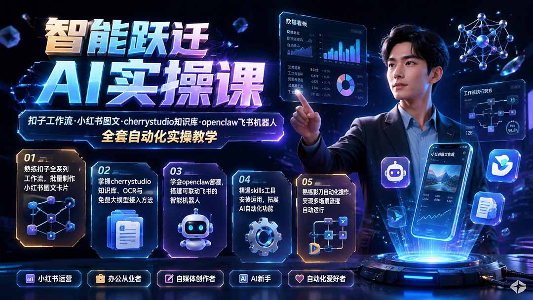 智能跃迁 AI实操课｜扣子工作流小红书图文搭建，cherrystudio知识库openclaw飞书机器人全套自动化实操教学-智享云联